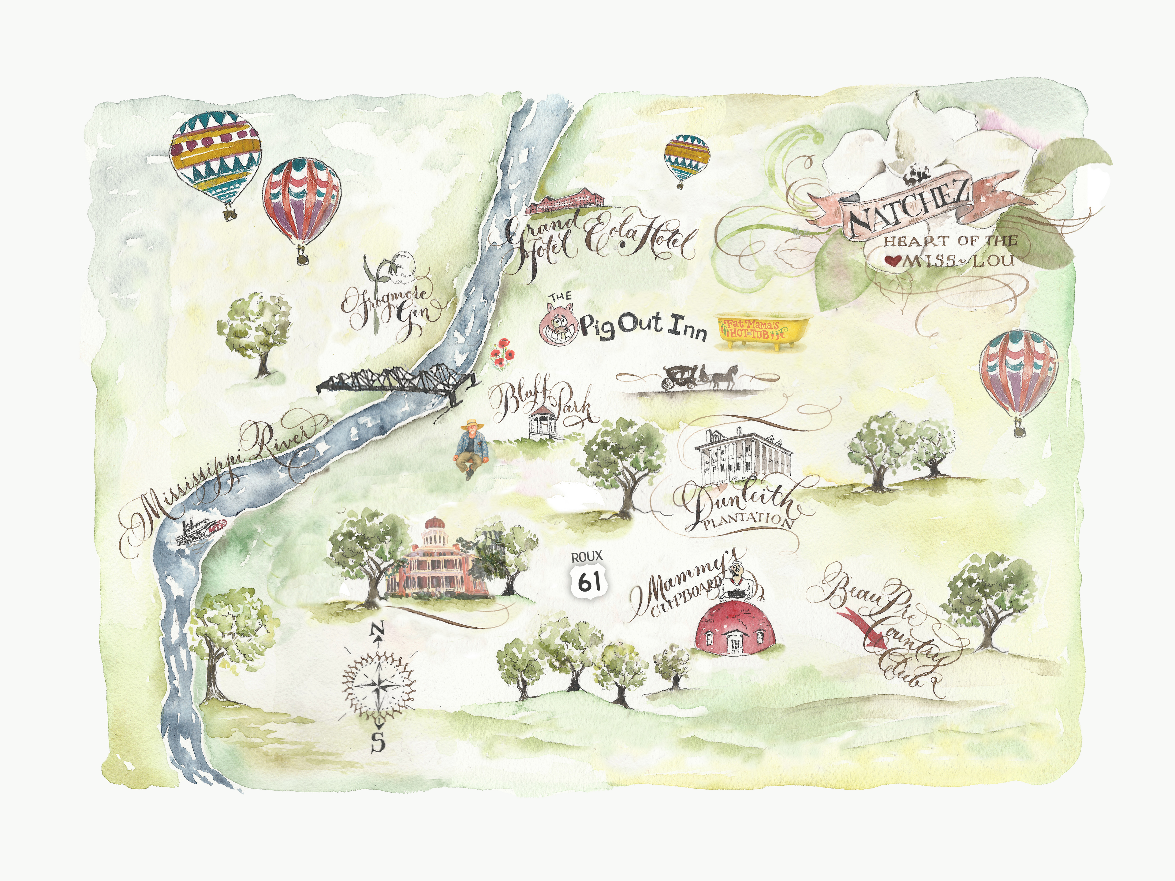 Natchez, Heart of the Miss-Lou – Illustrated Watercolor Map